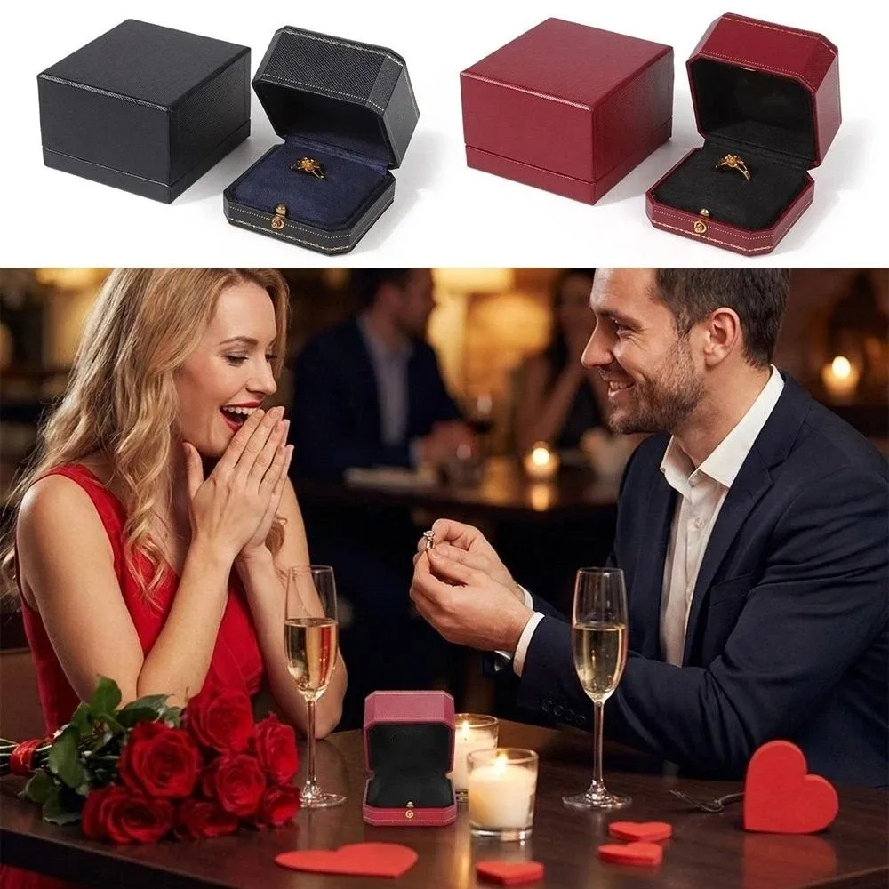 Elegant Leather Ring Box Ring Display Retro Pattern Ring Holder Case Jewelry Box Gift