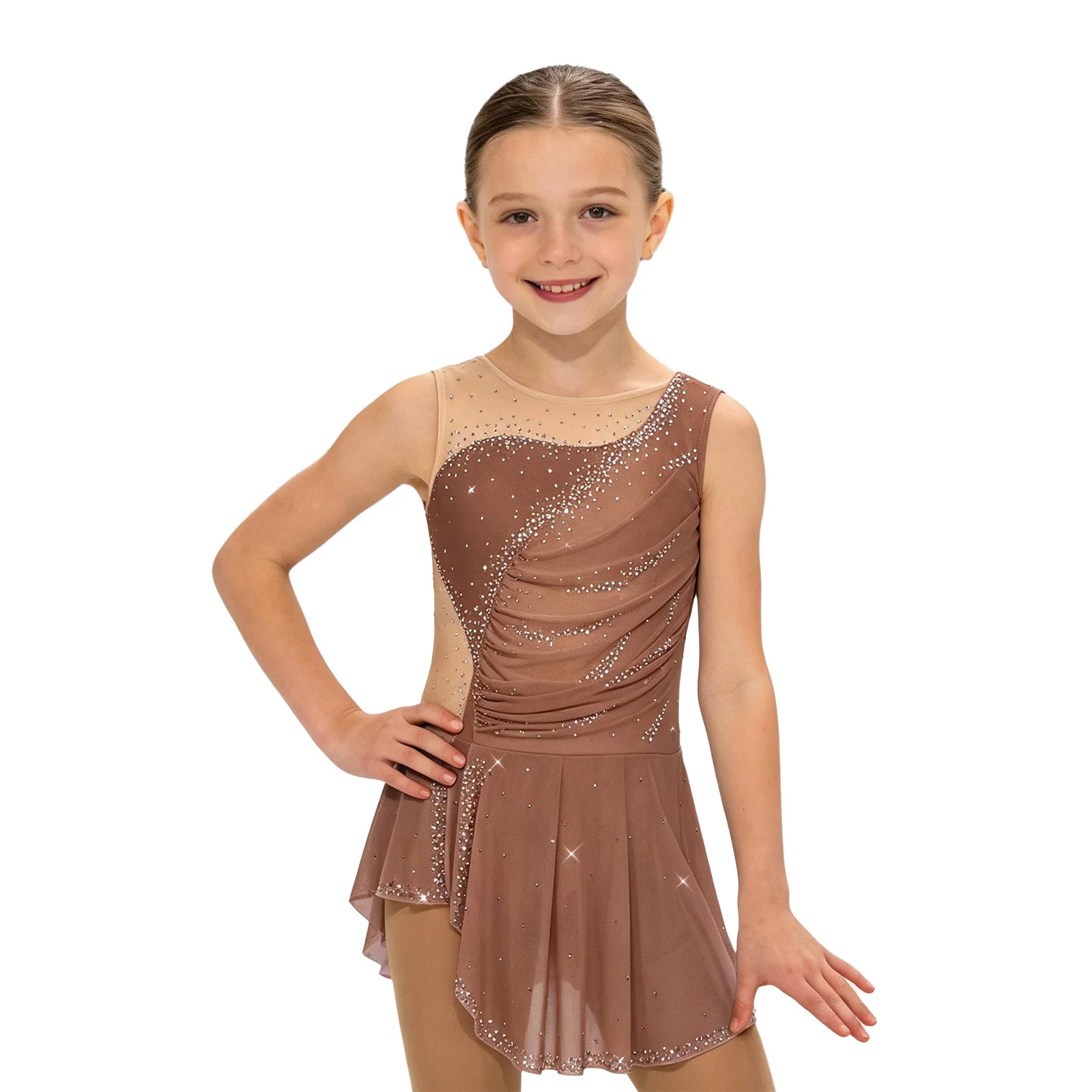 Kinder Mädchen Gymnastik Eiskunstlauf Ballett Tanzkostüm Funkelnde Strasssteine Gerafftes Netzkleid mit Seitenschlitz und Eingebautem Slip – Detail 13