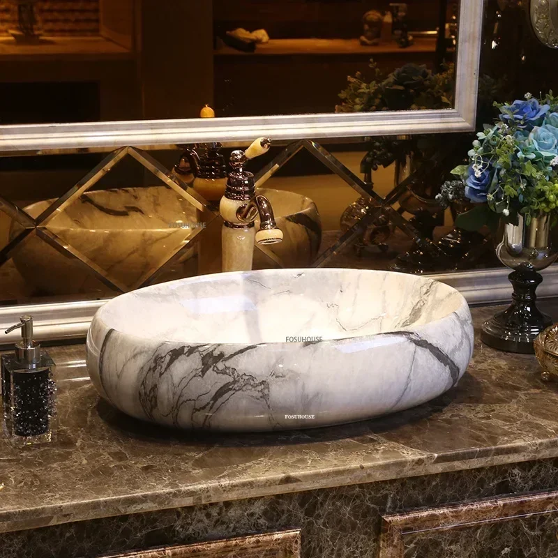 

Nordic Marbling Wash Basin Bathroom Furniture Ceramic Oval Washbasin Bathroom Sink Bowl Lavatory Washbasins Kitchen Sink Bowl