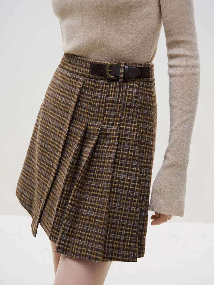 FSLE 45% Wool Women Winter High Waist Mini Skirts Irregular Design Pleated Skirt Coffee Plaid Commuter Women Above-Knee Skirt