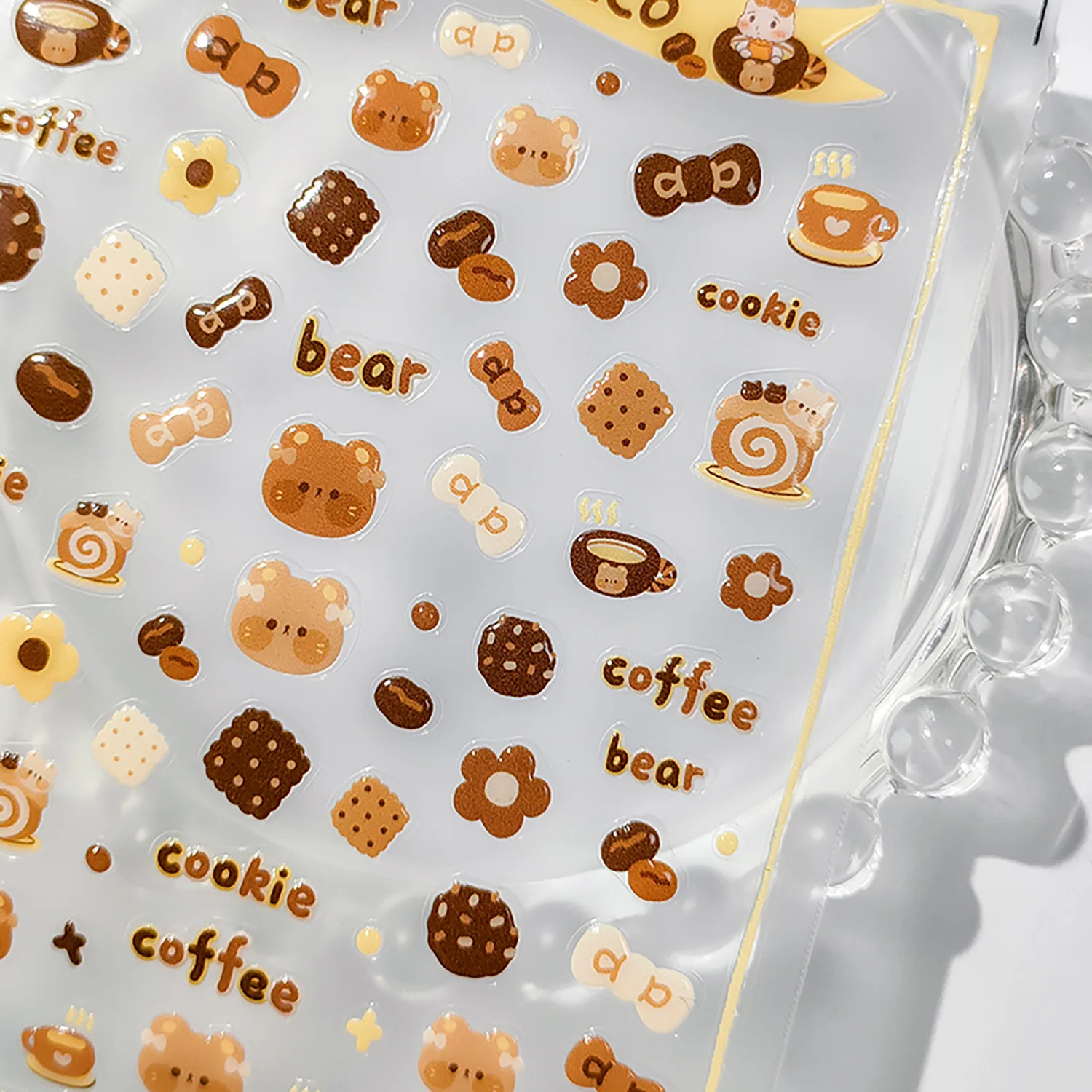 Cartoon Bear Cookie Biscuit Coffee Bow 5D Nail Art Stickers Flower Floral Bowknot Self Adhesive Decoration Manicure Decal DIY