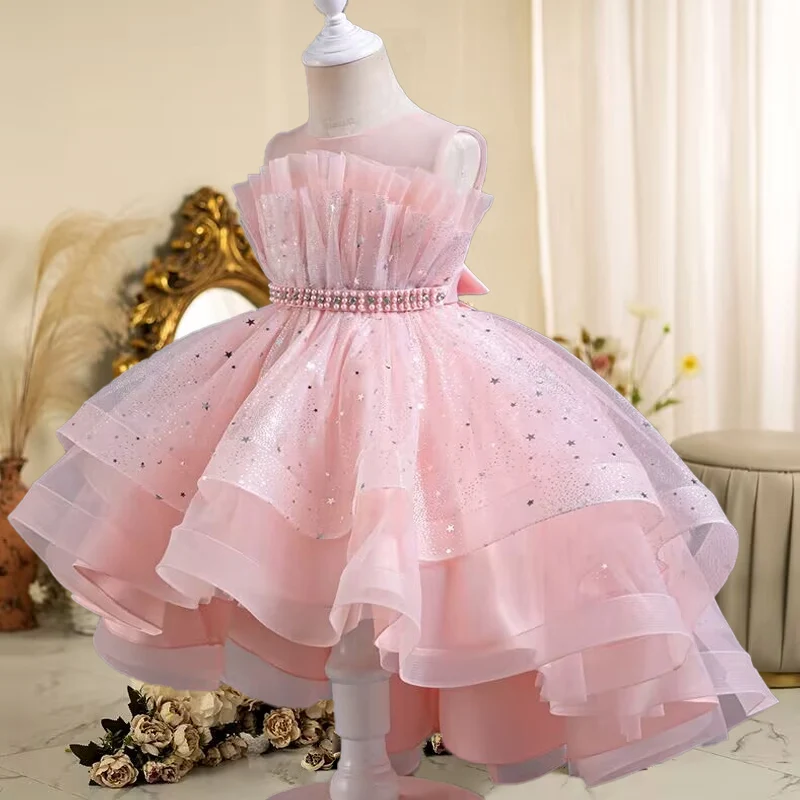 Robe de soirée à paillettes pour enfants, robe de princesse en fibre, maille de queue, fête d'anniversaire, été, nouveau, 3-12 ans