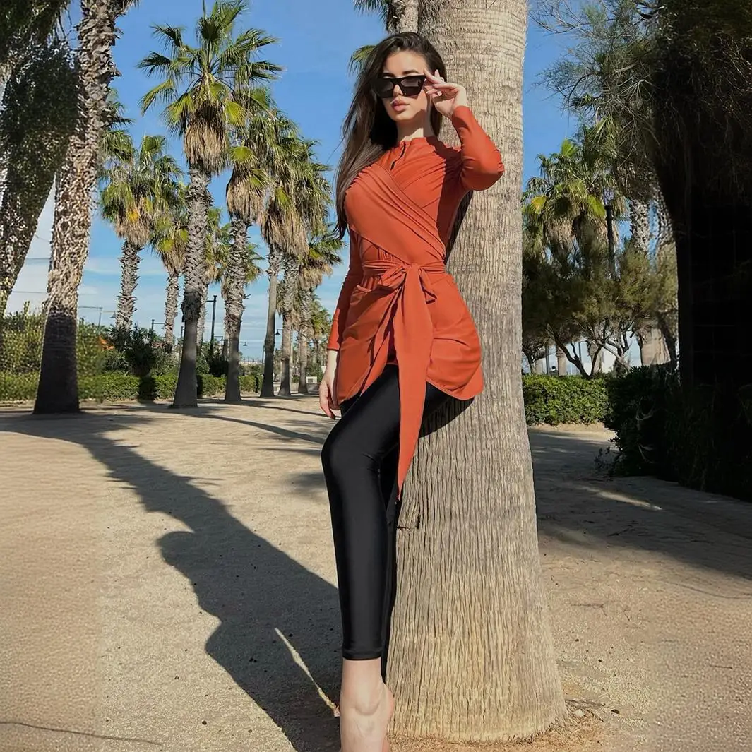 Modest Muslim Burkini 3‑Pcs Swimsuit Wrap Tie‑Waist Long Sleeve Ruched Top Black Pants Conservative Full‑Cover Beach Swimwear