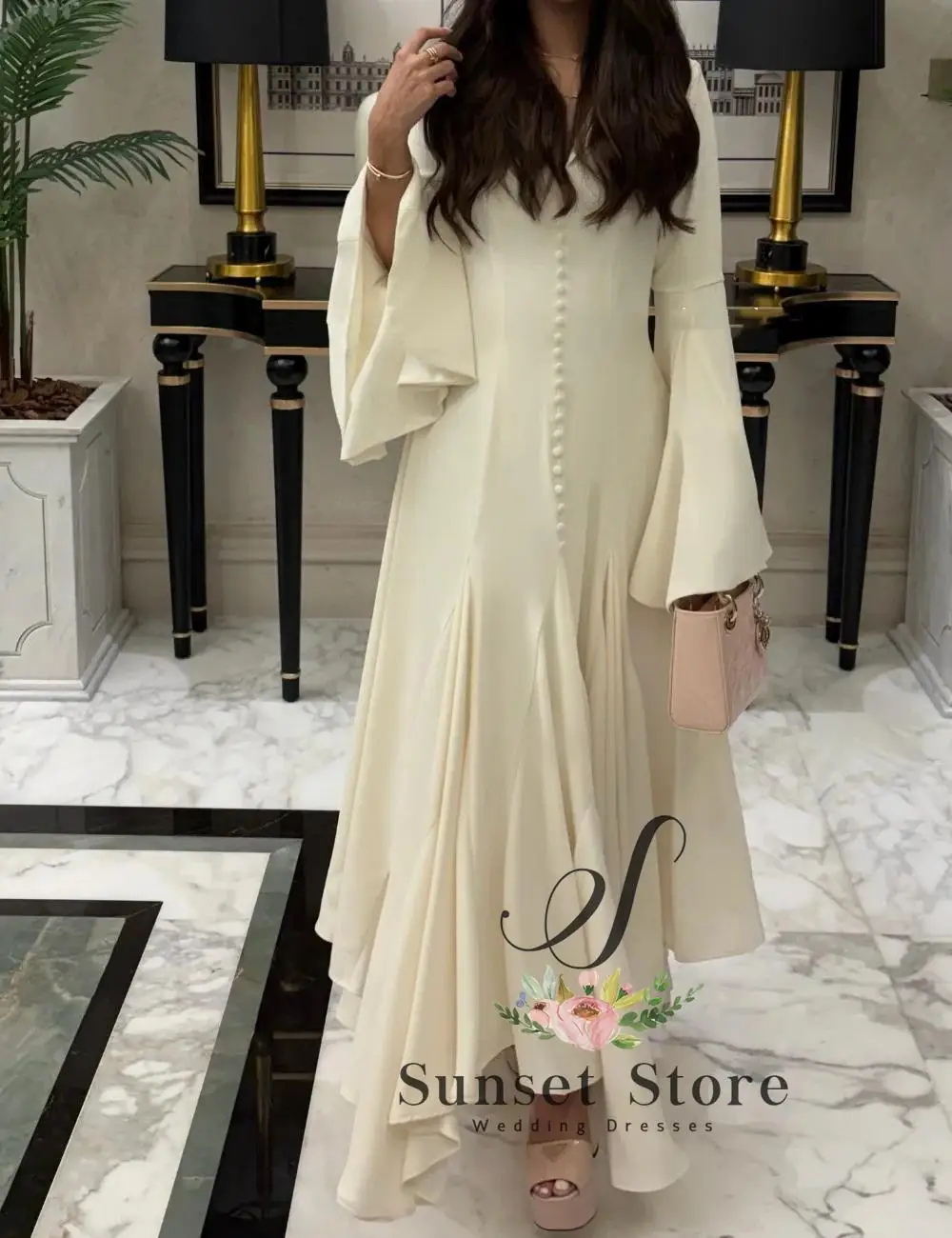 

Customized Classic Jersey Pleat Button A-line V-neck Midi Bespoke Occasion Evening Dresses Sizes Available