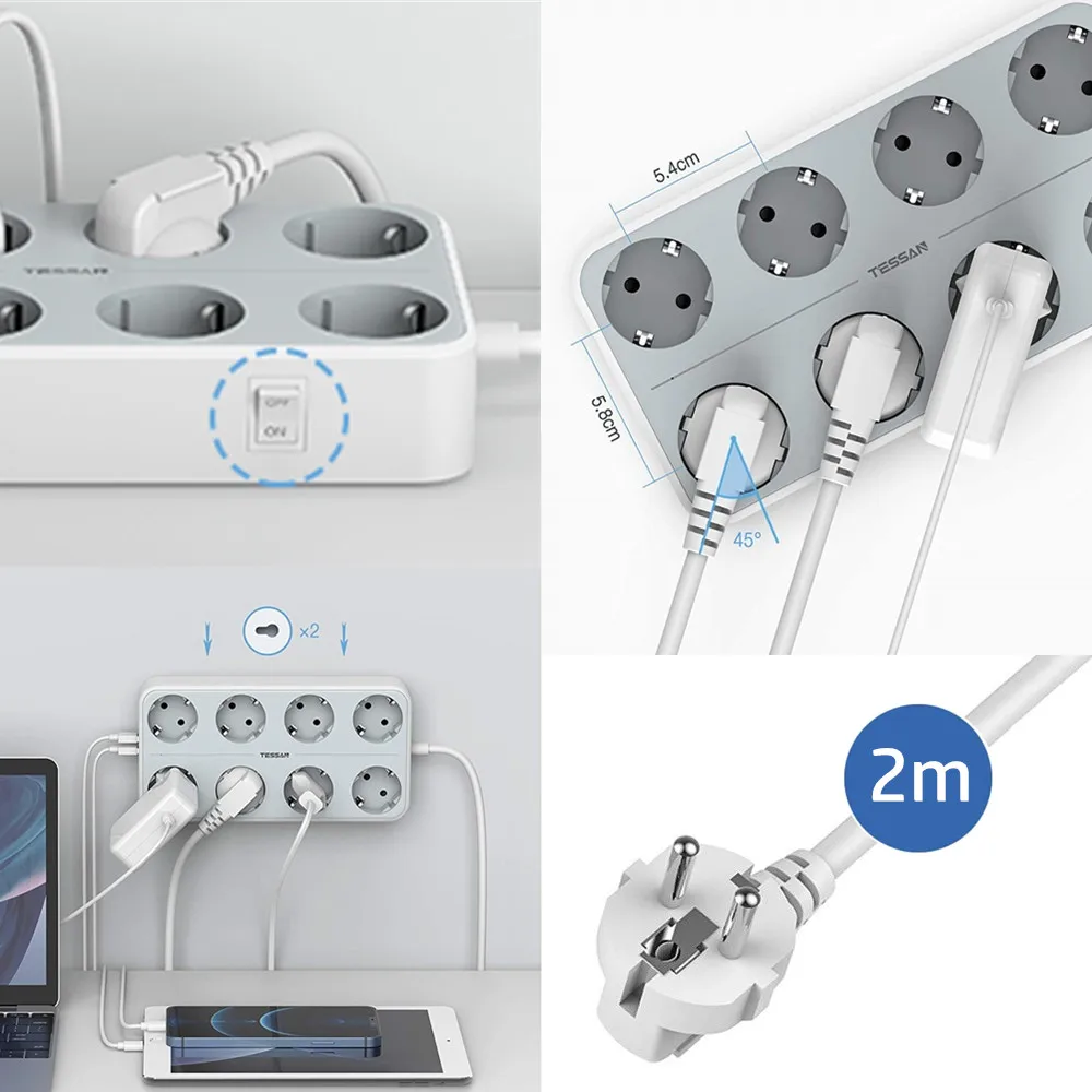 Imagem -04 - Tessan-eu Multi Tomadas Power Strip com Portas Usb Cabo de Extensão Europa Coréia Plug Tomada Elétrica Adaptador para Casa e Escritório 2m