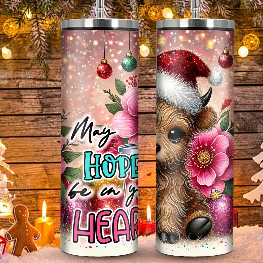 20oz Cups Lid Straw Stainless Steel 1Pc Insulated Christmas Water Bottle 3D Print Cute Calf Xmas Party Decors Gifts