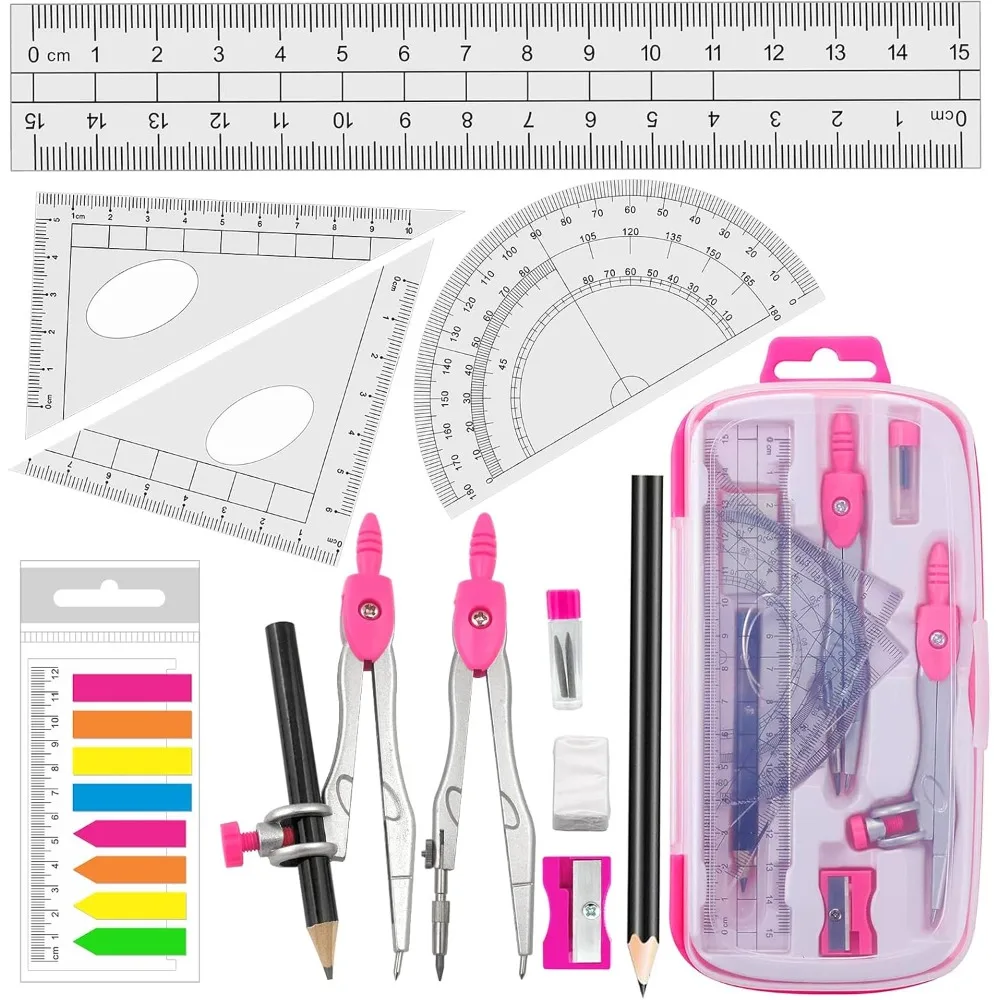 

The geometry kit comes with 2 drawing compasses, 2 protractors, 2 sets of square rulers, pencils and more for students