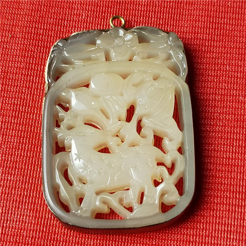 Handicraft old silver bag jade hollow deer white jade brand patina