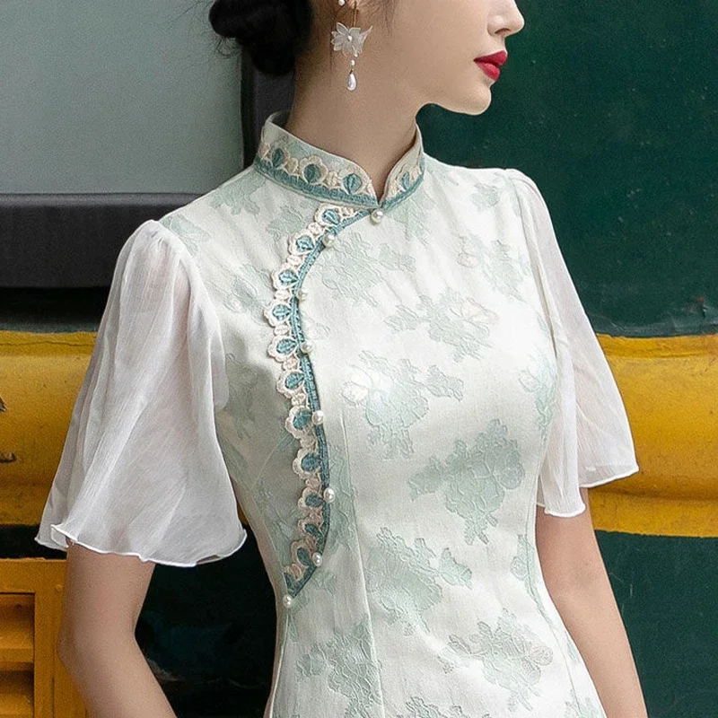 

Зеленый Cheongsam с перевернутыми большими рукавами, новинка 2022, элегантное высококачественное улучшенное свежее винтажное летнее китайское платье Ципао для молодых девушек
