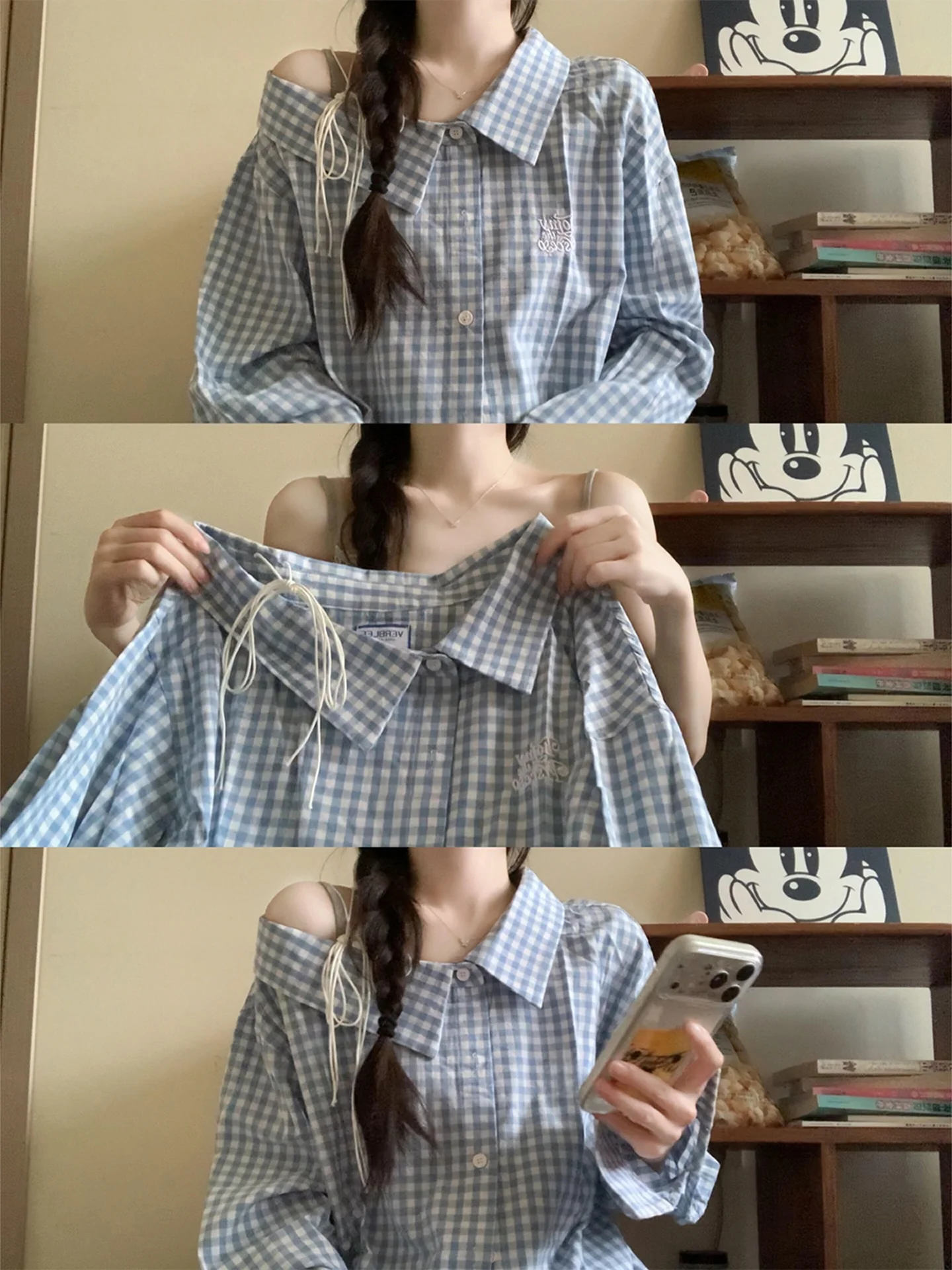 

Blue Plaid Long Sve irt Women's Spring New Design Slim Fit Sli Top Cotton Sweet Sle Japanese Loose Fit Button Detail