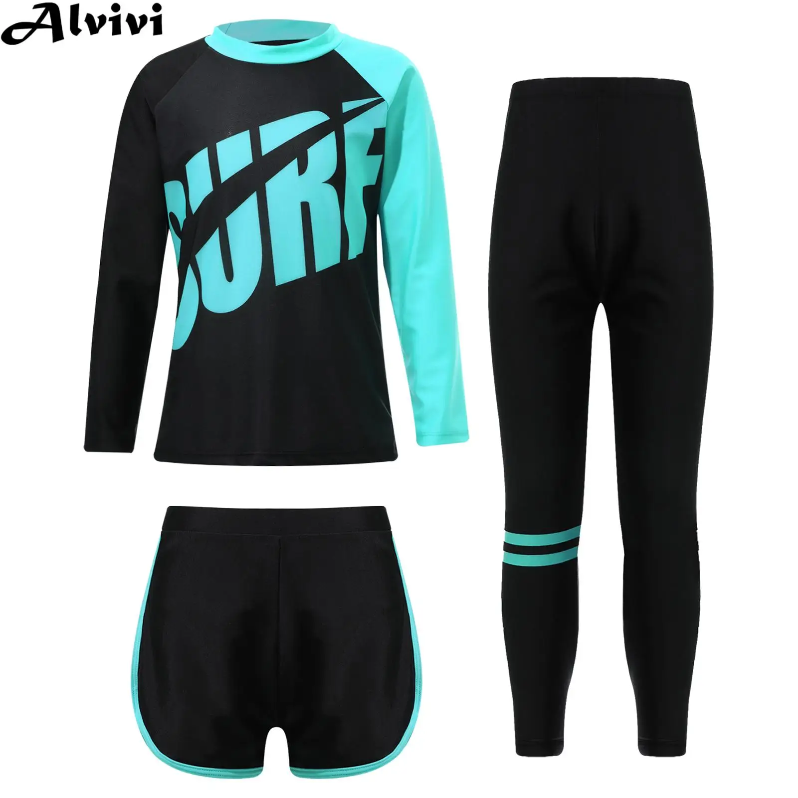 

Kids Girls Boys 3pcs Set Swimwear Sun Protection Rash Guard Surfing Swimsuit Long Sleeve Swim Top with Shorts Pants Bathing Suit