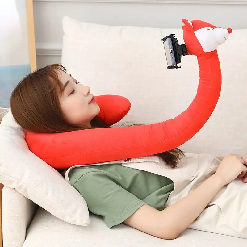 Multifunctional Funny Animal Plush Neck Pillow Phone Holder U-Shaped Lazy Bracket Hands-Free Stand for Watching TV Travel Use