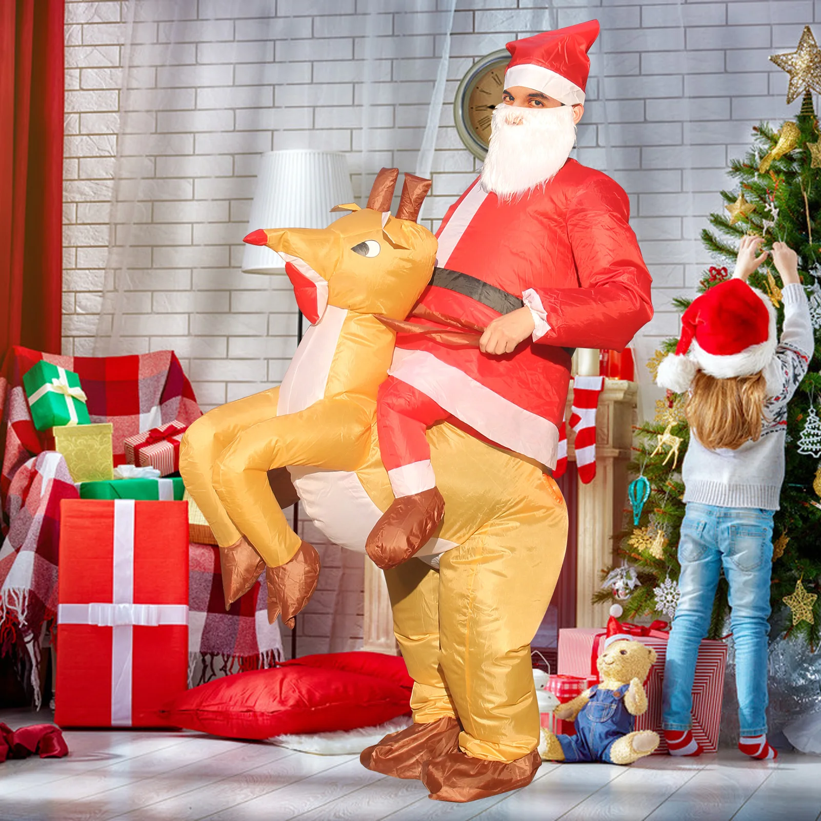 Inflatable Santa Riding Reindeer Costume Adult Christmas Funny Cosplay Suit Halloween Christmas Party Fancy Dress Mascot Props