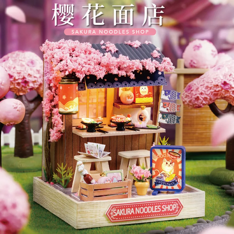 

DIY Miniature Wooden Dollhouse Kit Candy Shop Sakura Noodle Shop Coffee Store Casa with Furniture Toys for Girls Birthday Gifts