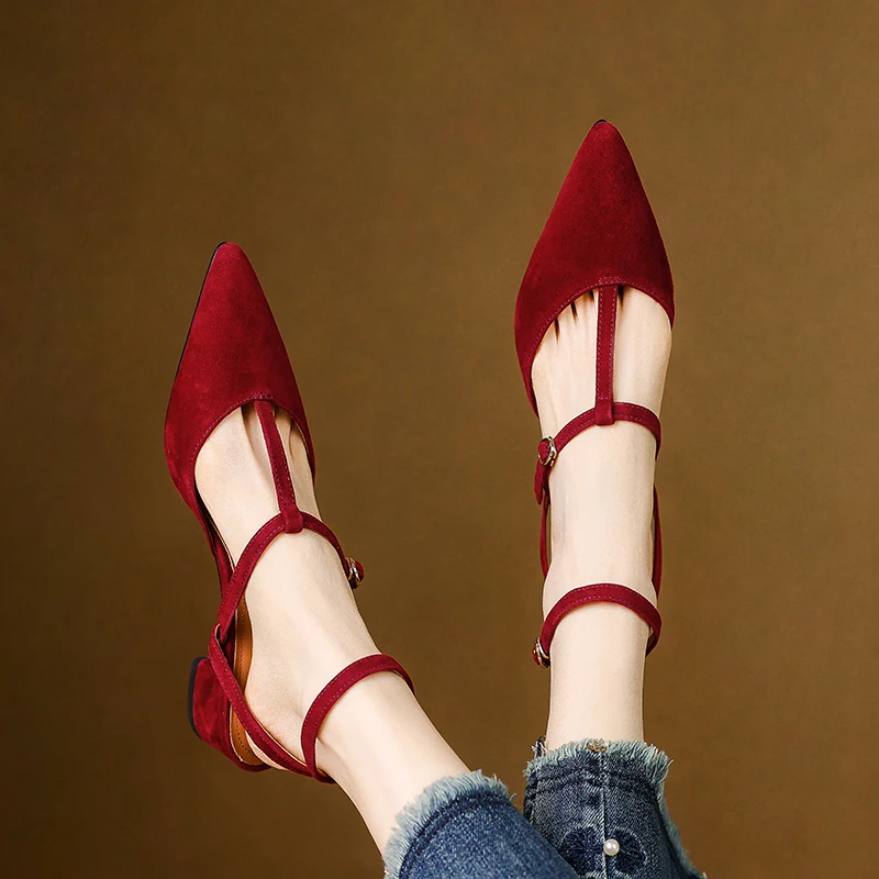 

Womens Pumps Spring Vintage Sandals Roman Style Retro Ladies Sheepskin Red Shoes Buckle Closed Toe Shoes Summer Sandals