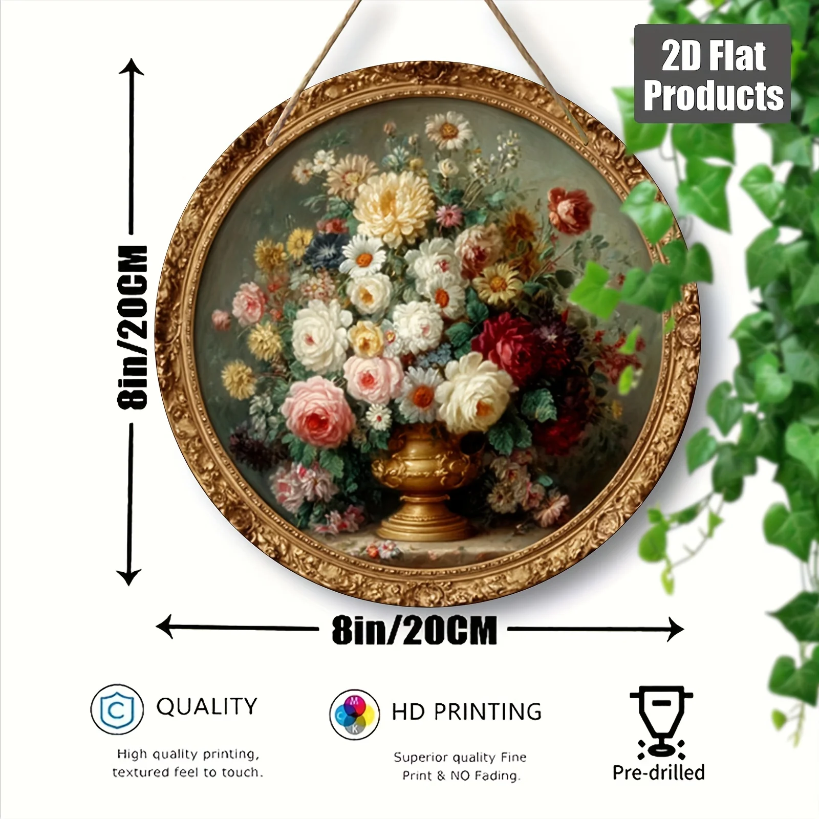 2D Flat, 1pc Vintage Floral Wall Art - 8x8 Inch Round Wooden Sign with Golden Frame, Elegant Floral Design for Home, Office, Caf