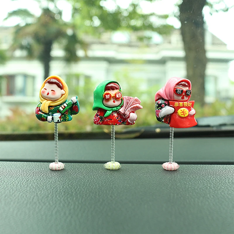 6Pcs Cute Mini Shaking Head Village Girl Car Dashboard Ornament Car Fun Decor Interior Fairy Garden Home Car Gifts