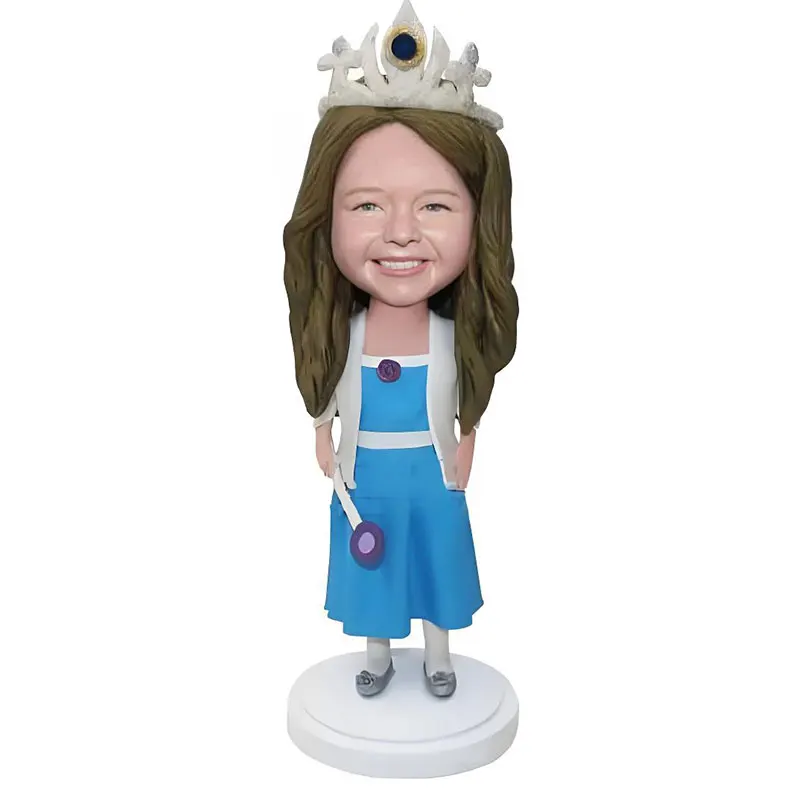 

Custom Bobblehead Figurine of Young Girl in Blue Dress and Crown,Personalized Full Figurine, Polymer Clay Customized Bobblehead