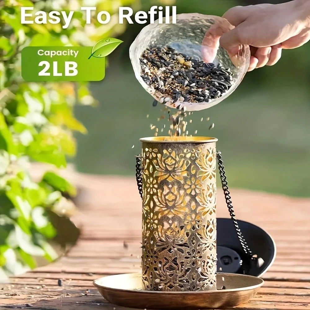 Outdoor Solar Bird Feeder Metal Hanging Feeder with LED Light for Garden Wildlife Feeding