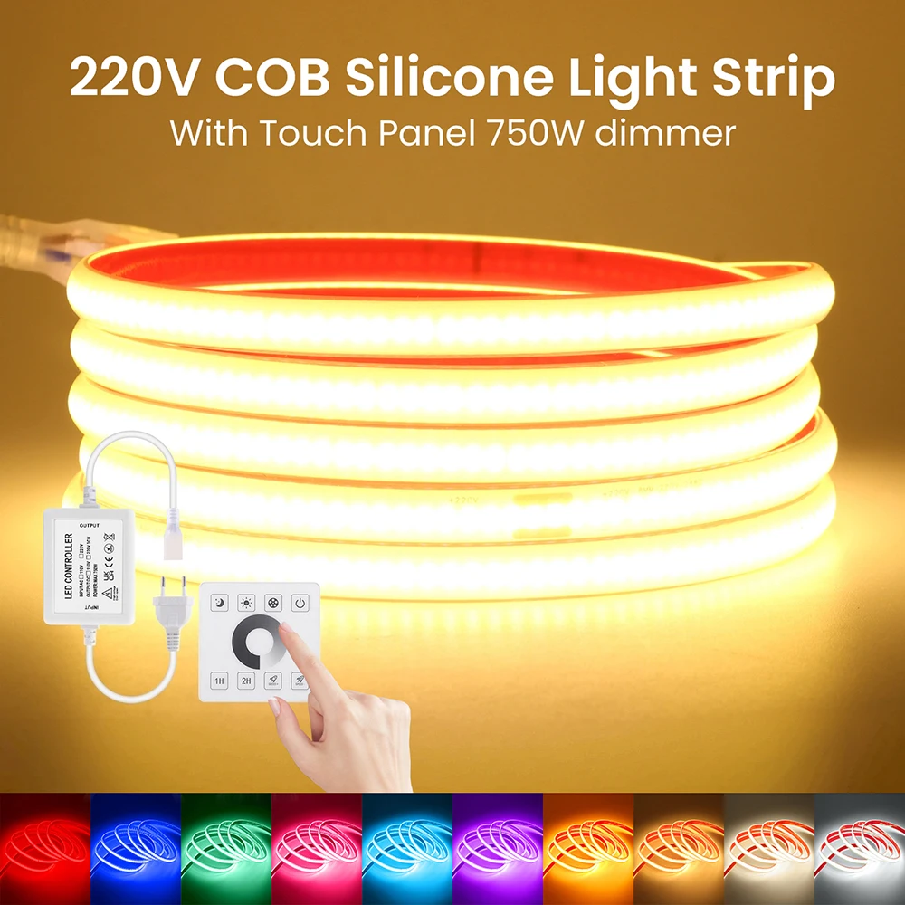 Wall Touch Switch Remote COB LED Strip 240 LEDs Flexible Light Tape 220V EU Power Kit Dimmable 10colors 0.5m 5m 10m 20m 30m 35m