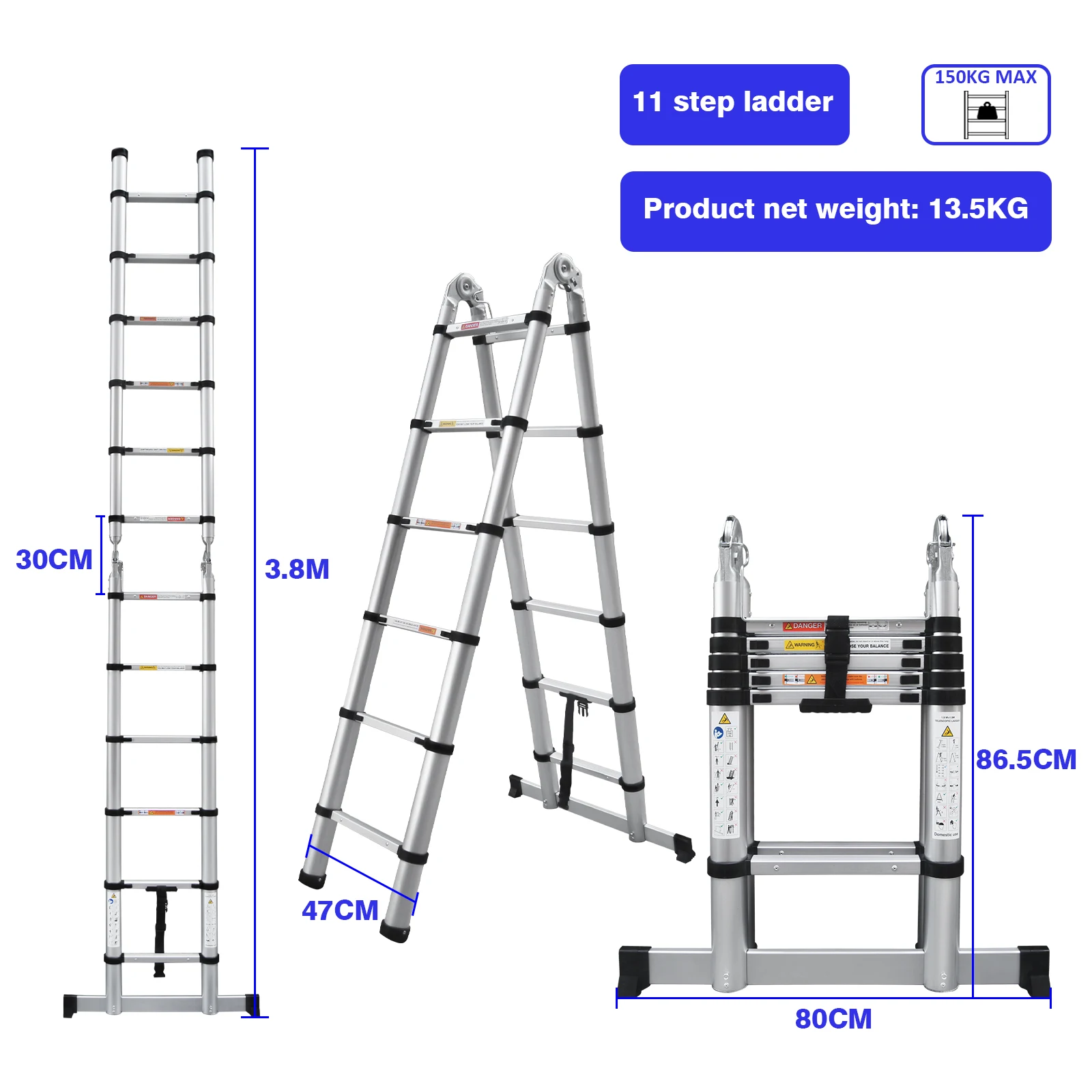 Aluminum 3.8m/12.5ft Folding Telescopic Ladder Extendable 16 Steps, Can Be Straight Or A-Frame Ladder, 150KG Capacity