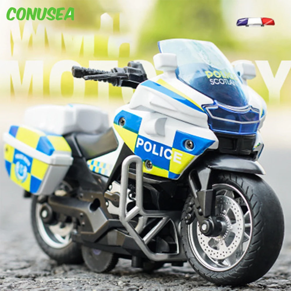 Children's Toys 1:14 Alloy Pull Back Motorcycle Bike Men's Locomotive Police Car with Light and Music Birthday Gift for Boys Kid