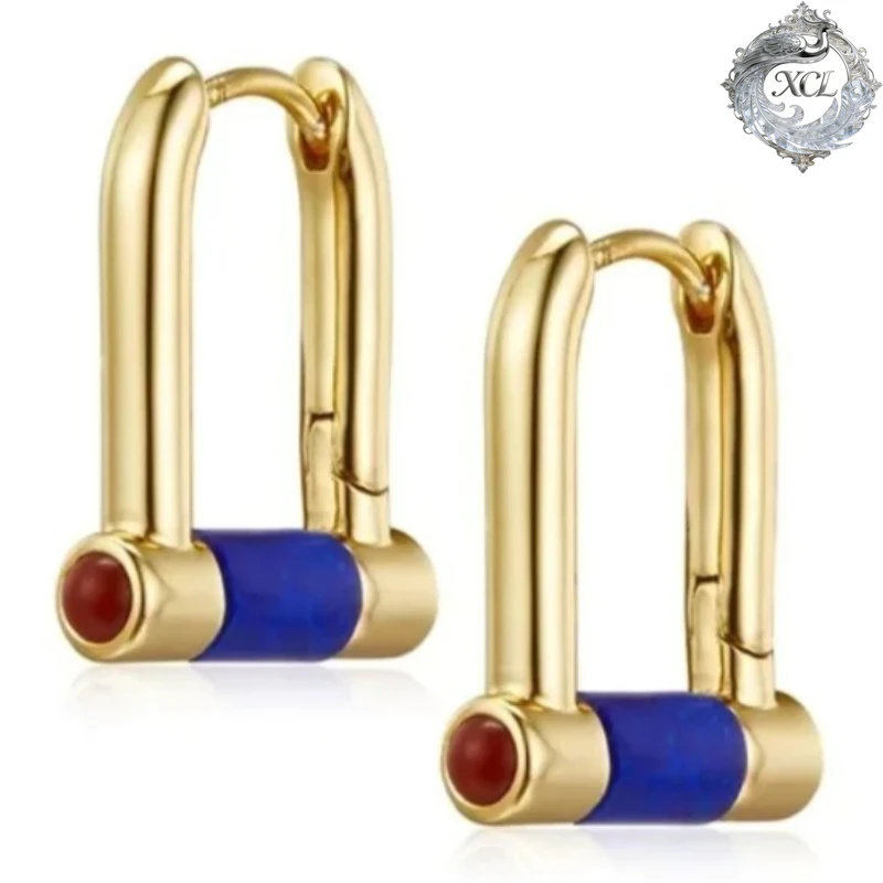 

Модные французские серьги-кольца из серебра 925 пробы с позолотой, с лазуритом и агатом, изящные маленькие серьги-обручи для женщин, подарок на День святого Валентина