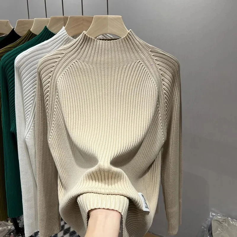 

2024 Half High Neckline New Sweater Female Knitted Sweater Pullover Long Sleeves Thicke Knitwear Women Autumn Winter Undershirt