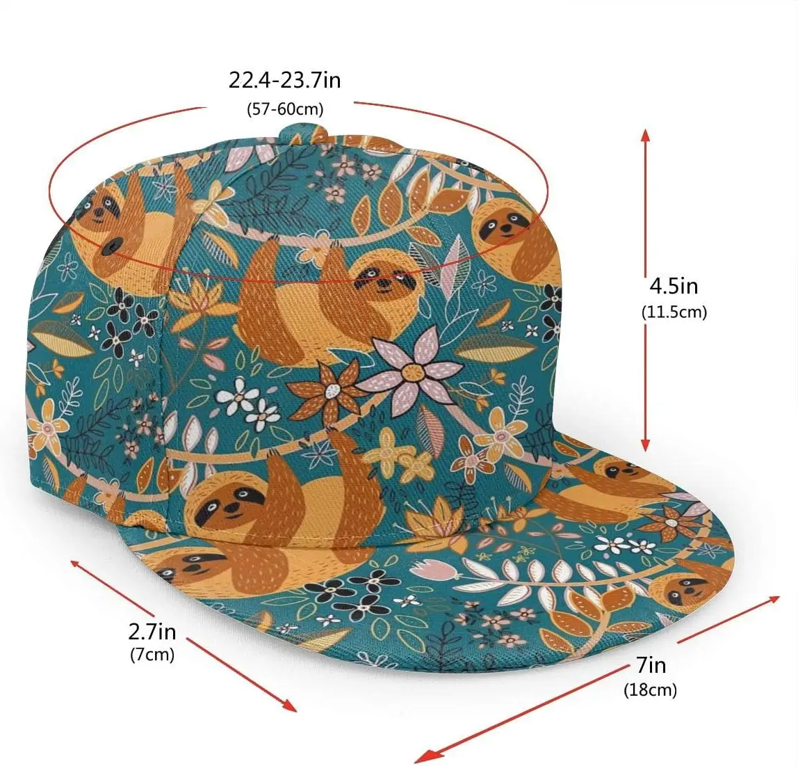 Happy Boho Sloth Floral Flat Bill Snapback Hat - Hip Hop Baseball Cap