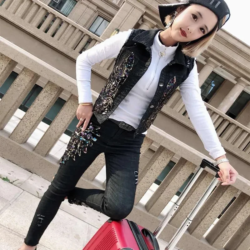 Streetwear Denim Suit Female2022 Spring Summer New White Jeans Elastic Sequined Flower Vest Waistcoat+Trousers Tide High Quality