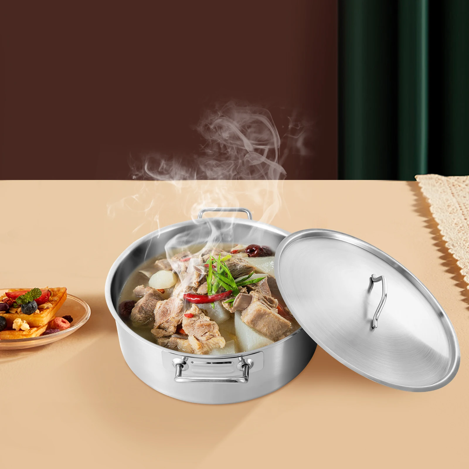 

Stainless Steel Stockpot Multi-function Stockpot With Sinking Lid and Solid Stainless Steel Handle