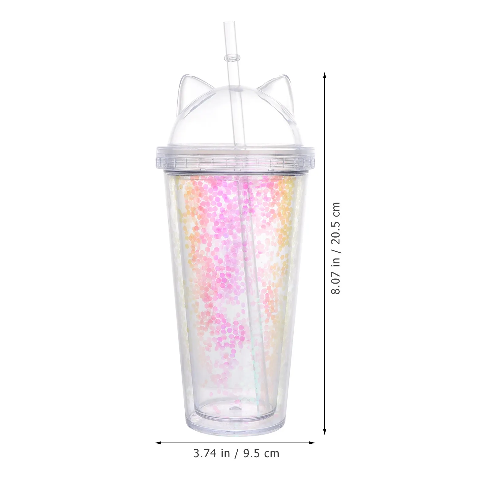 1Pcs Cat Ear Shape Sequin Double Layer Cup 420Ml Double-Walled Plastic Water Bottle Straw Cup for Office Travel