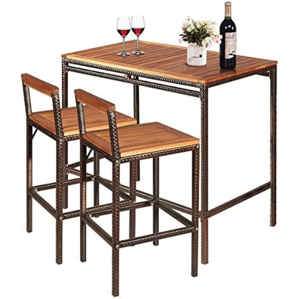 

3 Pieces Patio Bar Table Set, Outdoor Rattan Bistro Set with Acacia Wood Top, Wood Table Set with 2 Bar Chairs for Dining Room,