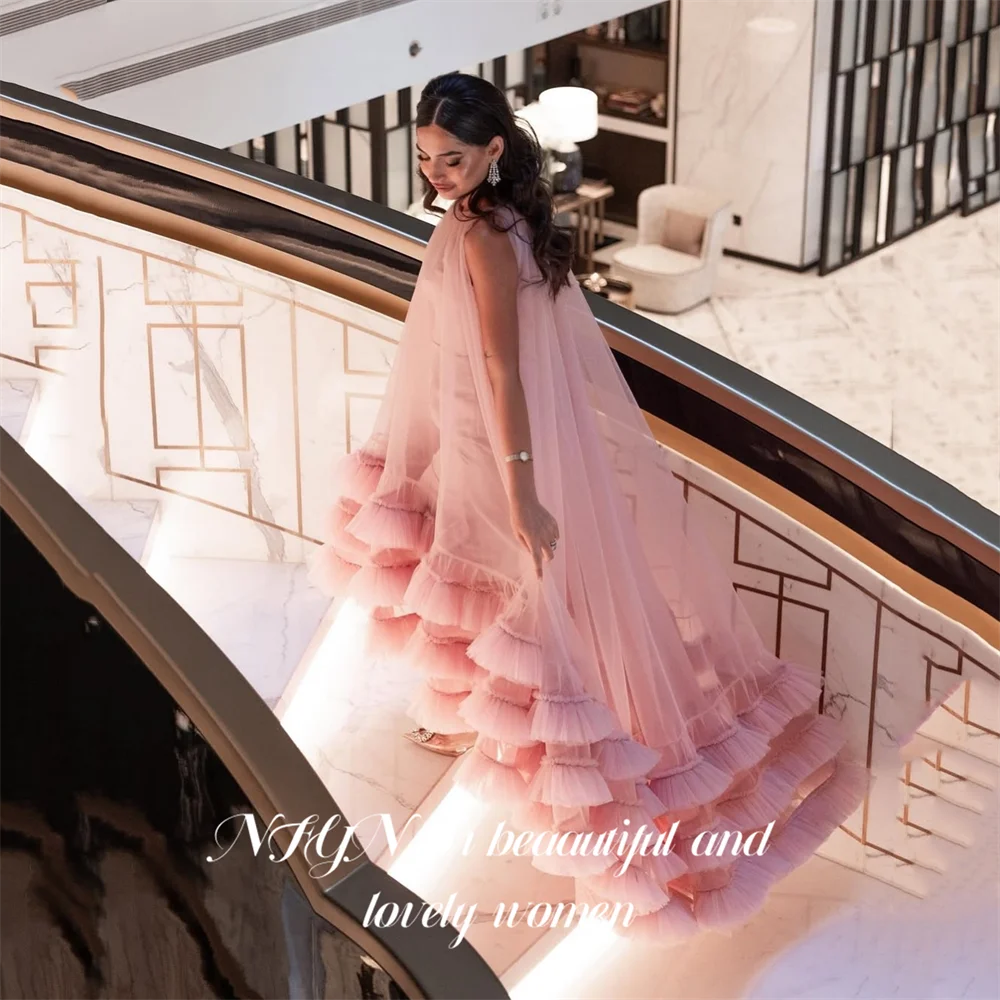 Nfyn rosa a linha vestido de baile em torno do pescoço vestido de festa à noite com tule em camadas e capa vestidos de princesa de gala para mulher personalizado