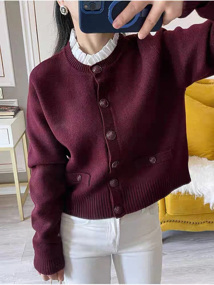 Burgundy removable wooden ear collar knitted cardigan temperament elegant single-breasted long-sleeved women\'s knitted tops