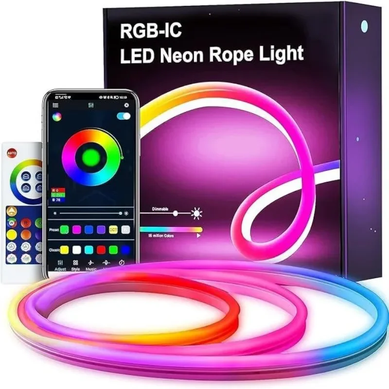 LED Neon Strip Light 5V with Bluetooth Remote Control RGBIC Flexible Tape Light DIY Party Decoration Bedroom Atmosphere Light