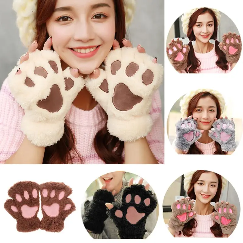 

U90C Winter Women Cute for Cat Paw Claw Plush Mittens Short Fingerless Finger Half Gl