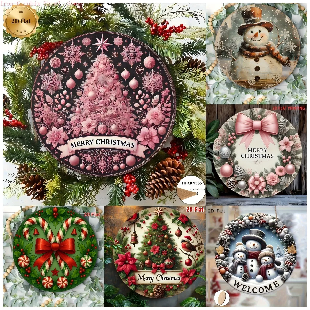 Frohe Weihnachten Tür hängen 2D flache Holzschild, festliche Willkommensdekoration für Haustür, Weihnachtsschild.