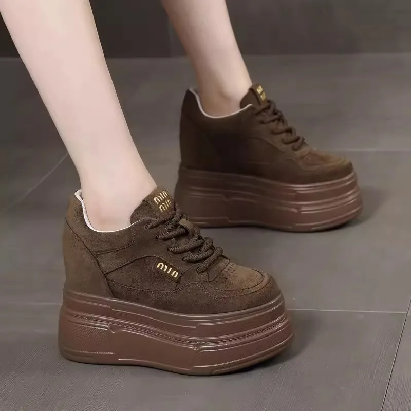 

10 12 14cm Brown Black Chunky Sneakers Women Spring Autumn Thick Bottom Dad Shoes Woman Fashion Leather Platform Sneakers Ladies
