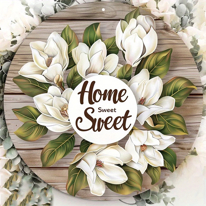 

Aluminum Metal Sign with White Magnolia Flowers, Round Wall Decor, Waterproof and Weather Resistant, Outdoor Wreath Decoration