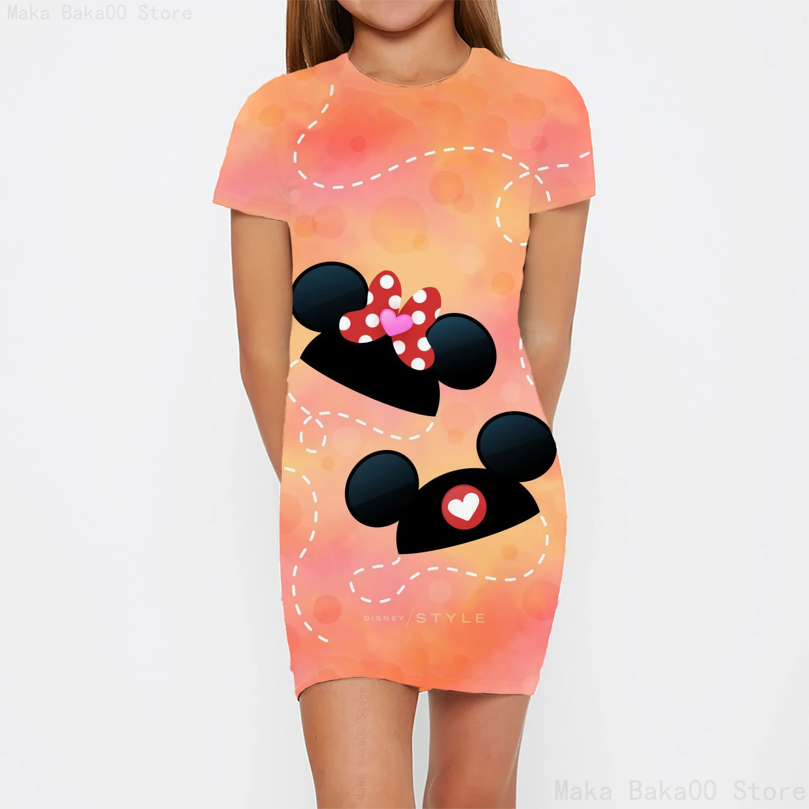 Robe moulante à manches courtes et col rond pour fille de 0 à 14 ans, tenue de princesse mignonne à imprimé Disney Minnie