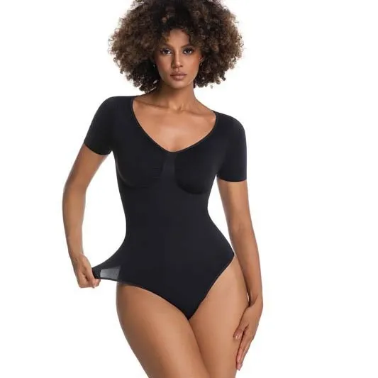 Naadloze korte mouw bodysuit, naadloze V-hals shapewear, hoge taille, knoop body shaper, onzichtbare, één geheel, buikcontrole
