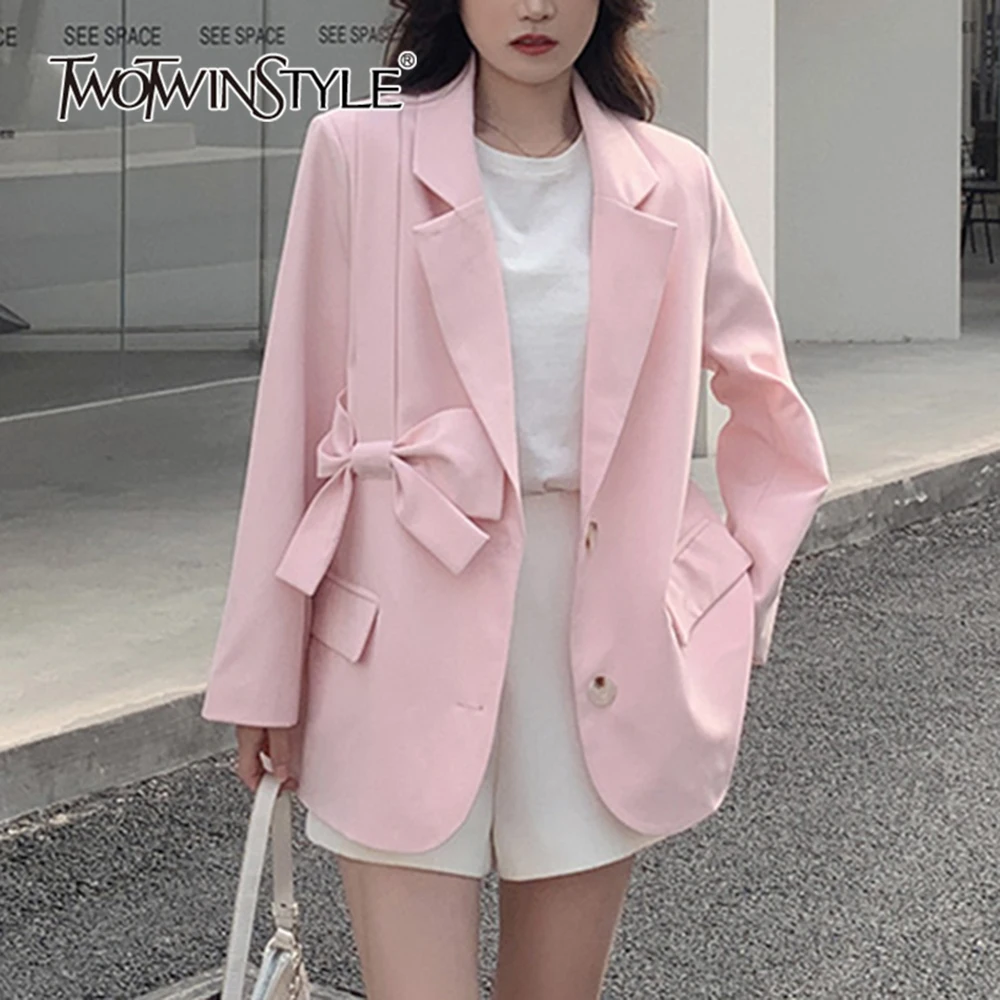 

TWOTWINSTYLE Solid Spliced Bowknot Elegant Blazers For Womwn Notched Collar Long Sleeve Patchwork Pockets Designer Coat Female