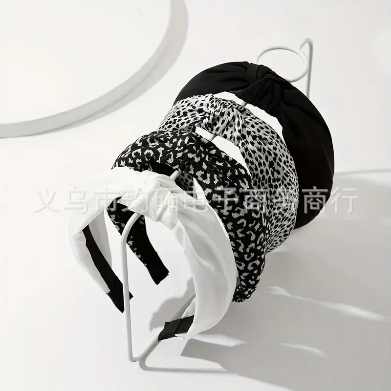 1pc Retro Leopard Print Headband Wide Band Bow Knot Solid Color Fabric Hair Hoop for Women Face Slimming Versatile