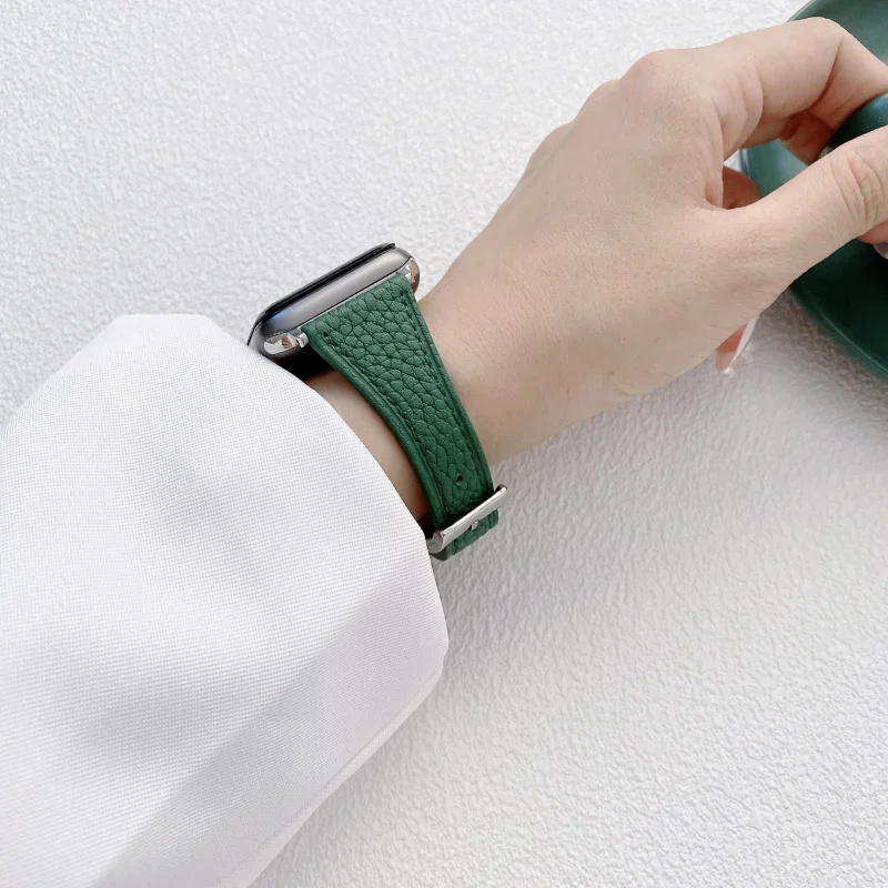 นาฬิกา Apple สายหนังรูปตัว T สำหรับผู้หญิง FF-13bx 6 5 4 3สายหนังลายลิ้นจี่เอวเล็ก38มม. 40มม. 42มม. 44มม.