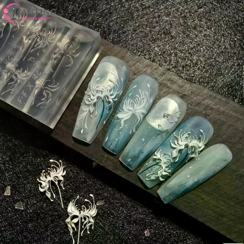 Silicone 3D Lycoris Radiata Flower Silicone Nails Art Mold Transparent Manicure Carving Mold DIY Red Lily Floral Patterns Moulds
