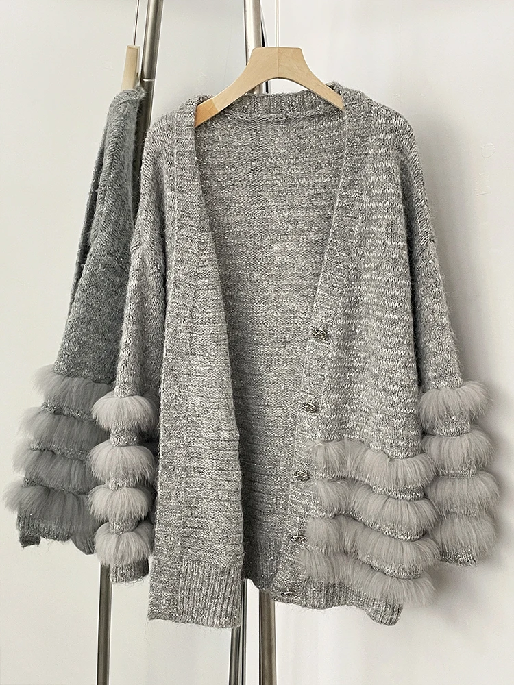 2025 femmes ample surdimensionné tricots manteau réel fourrure de renard bouton Cardigan Swrater veste femme nouveau printemps automne tricoté vêtements
