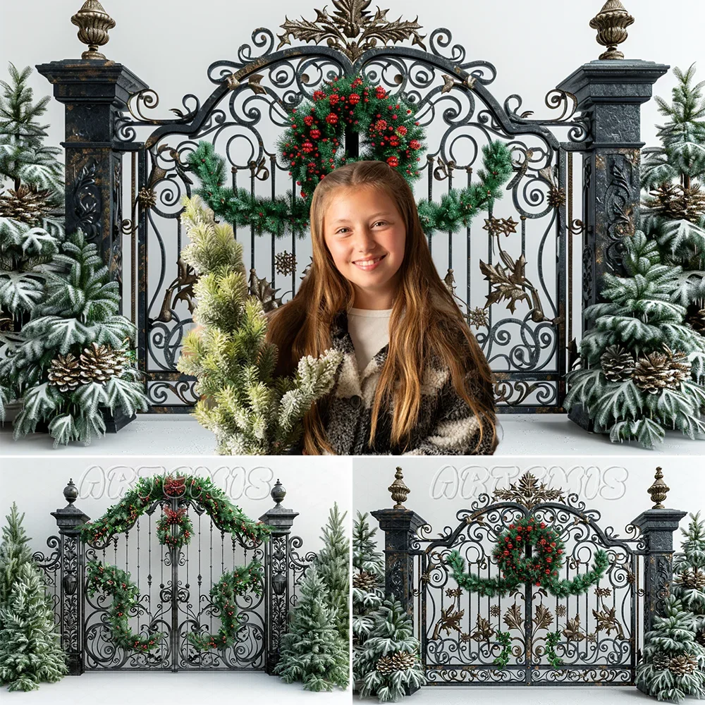 

Christmas Photography Backdrop Christmas Wreath Iron Fence Christmas Trees Greenery Berries Background Photo Studio Photo-call