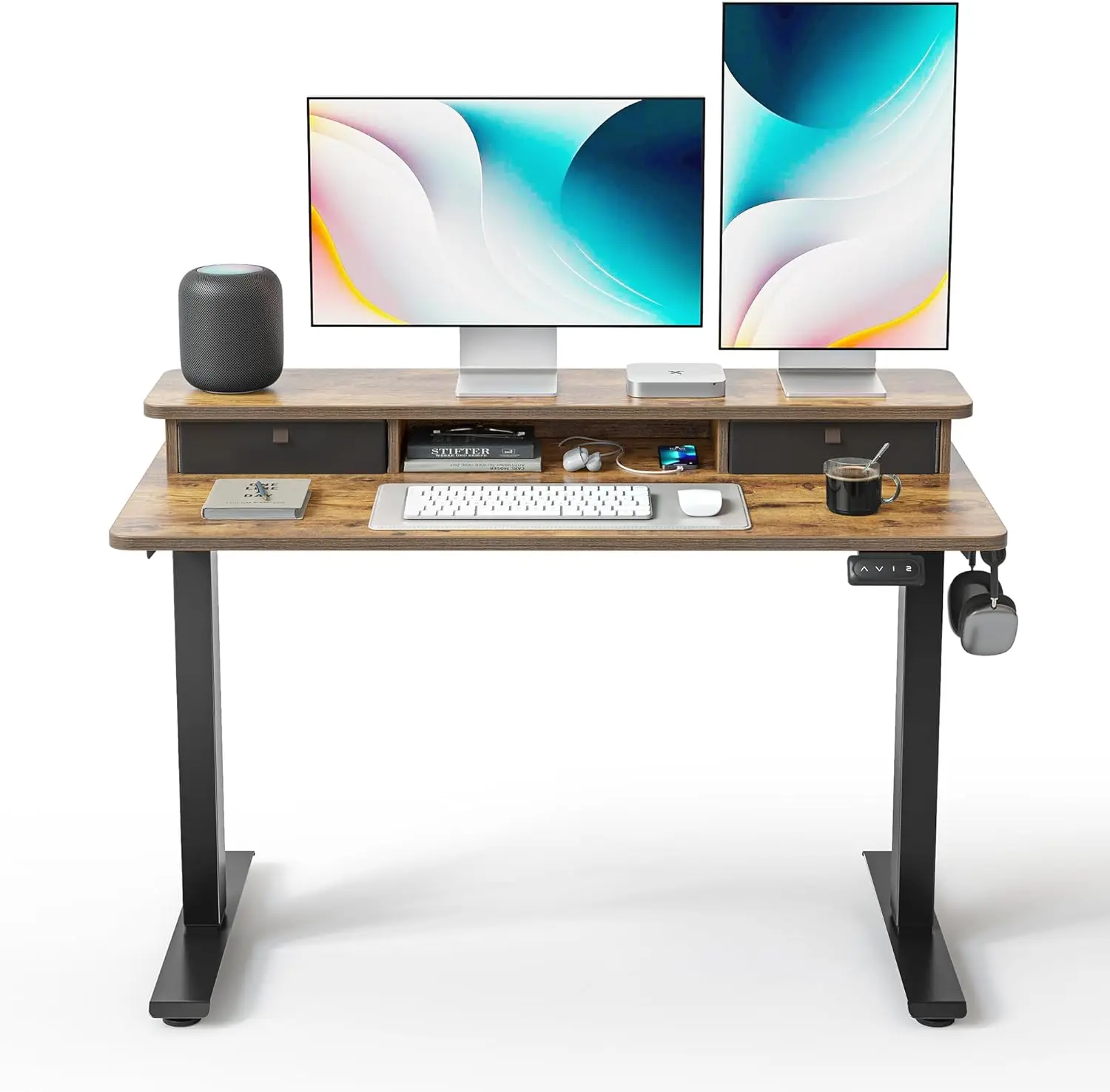 48 x 24 Inch Electric Standing Desk with Double Drawers, Height-Adjustable, Rustic Brown