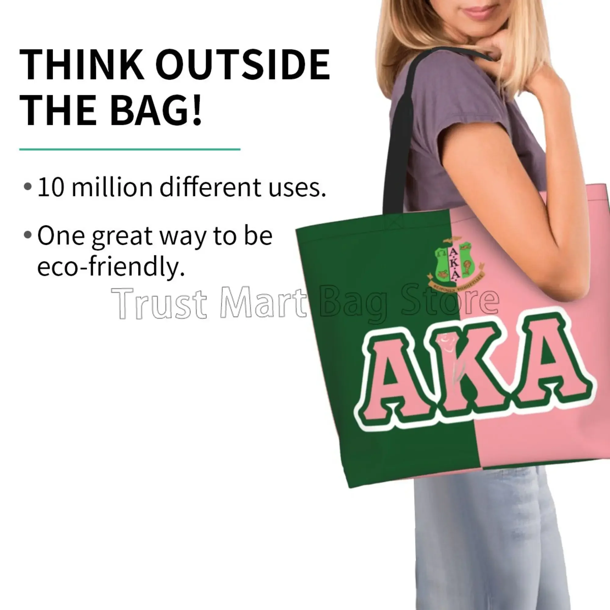 AKA Sorority Gifts for Women Girls 1908 Pink Green Inspired Positive Shoulder Bag Reusable Large Grocery Shopping Bag Handbags